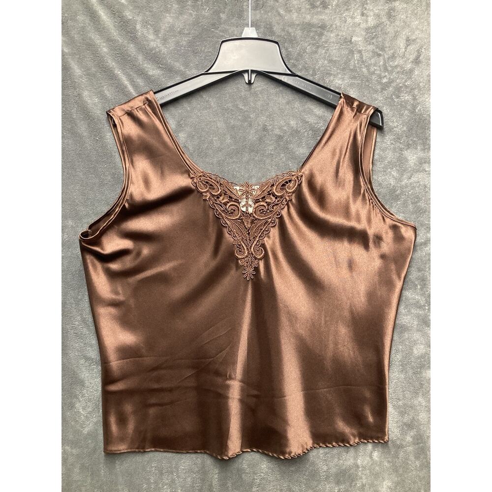 VTG ESCAPADES Coffee Brown Satin Cami Tank Top Applique Lace Forest Fairy USA L